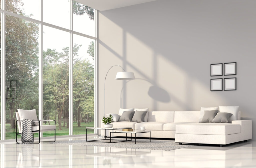 Modern living room iSéjour lumineux avec grande hauteur sous plafondnterior with nature view 3d render