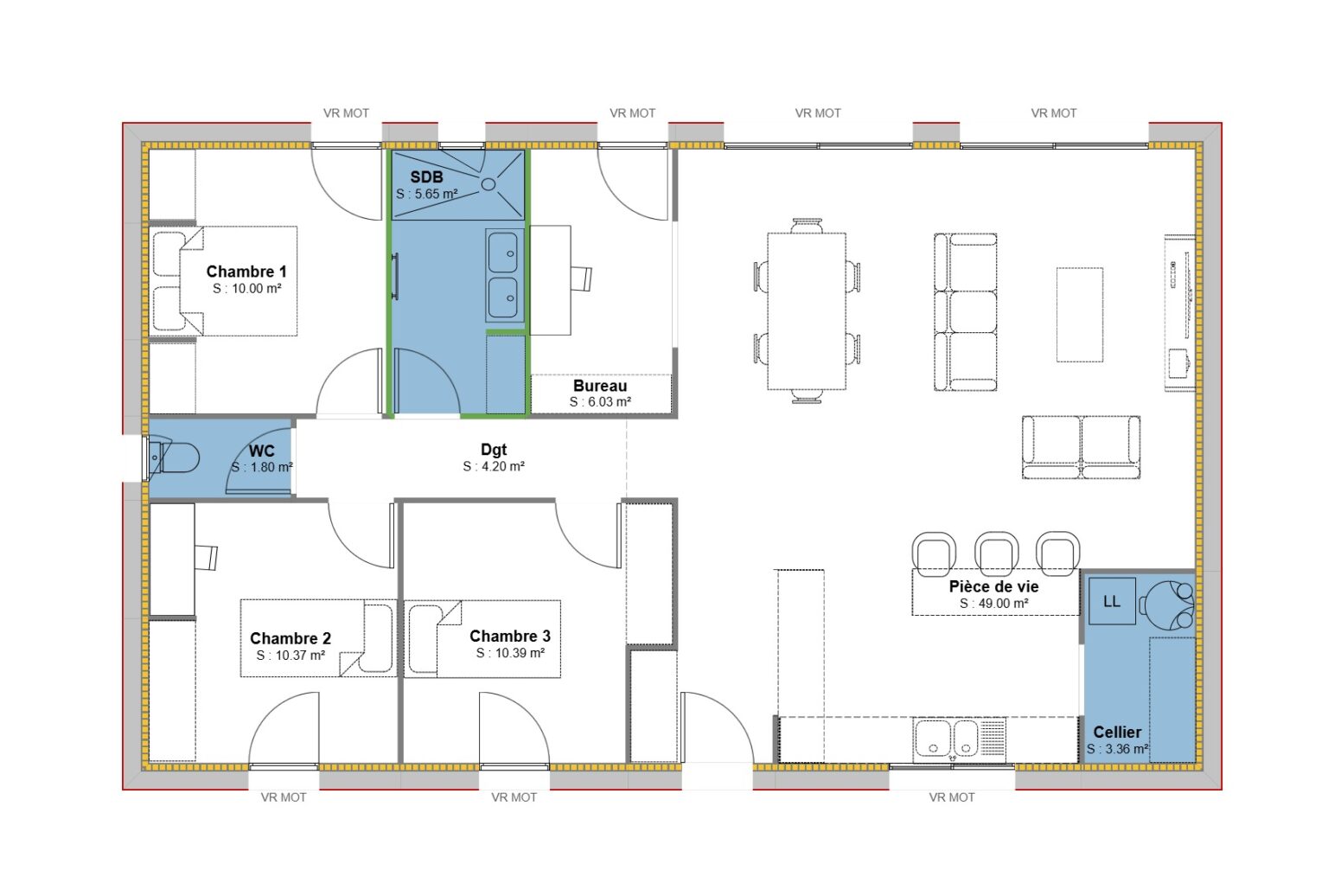 plan maison POP 100 - 3 Ch + Bureau