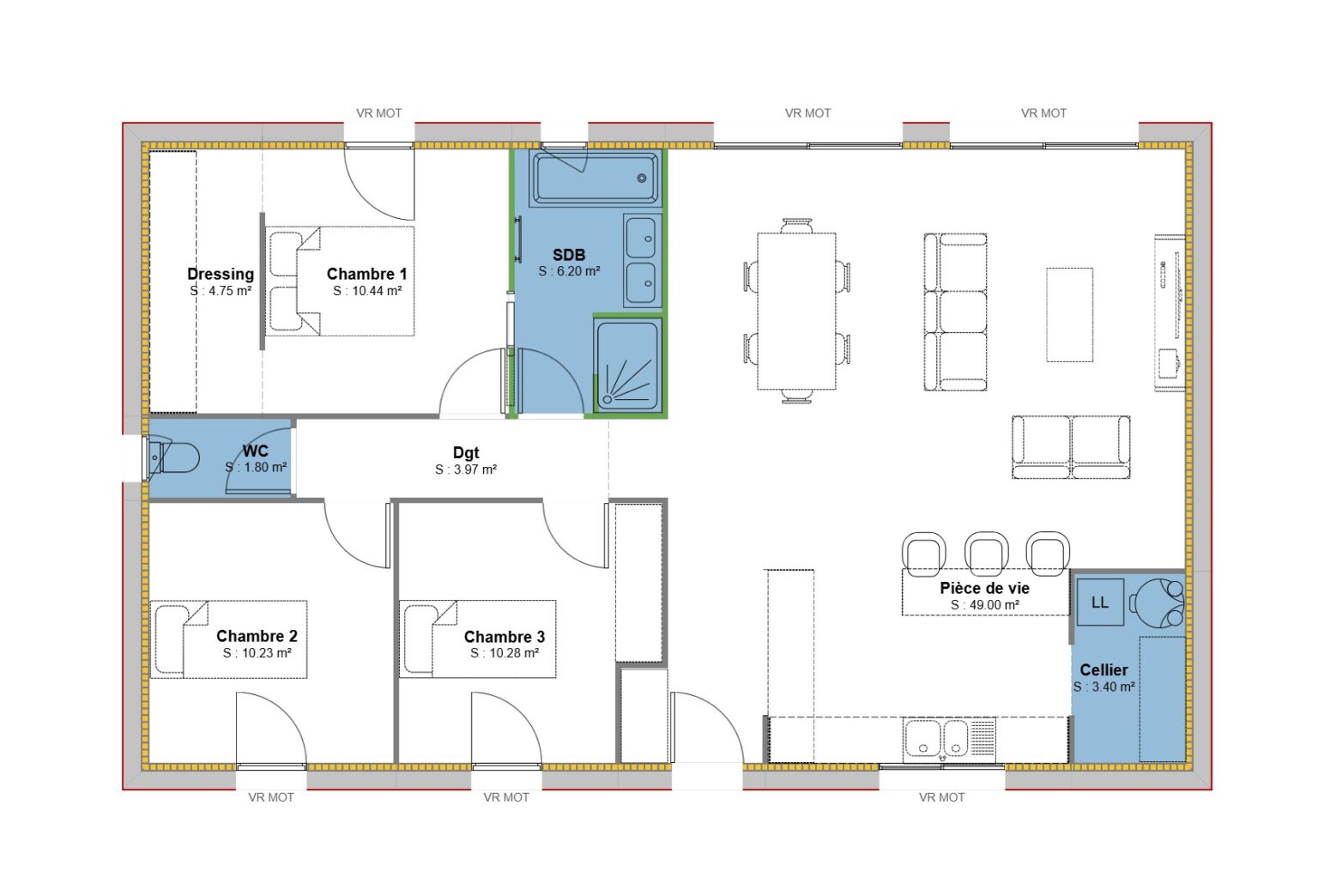 plan maison POP 100 - 3 Ch + Dressing