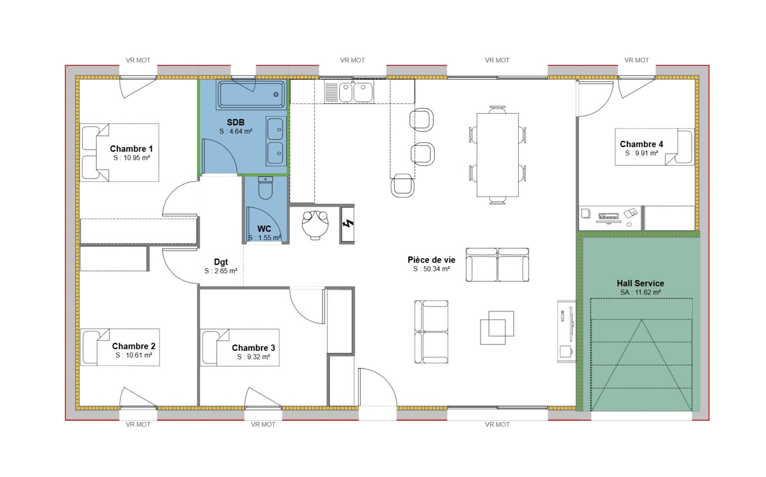 plan maison POP 100 m2 - 4 Chambres + Hall Service