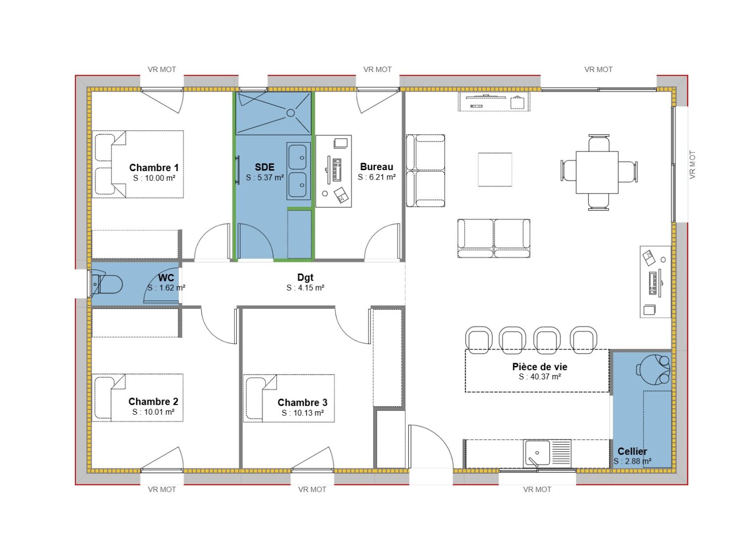 plan maison POP 90 m2 - 3 Chambres + bureau