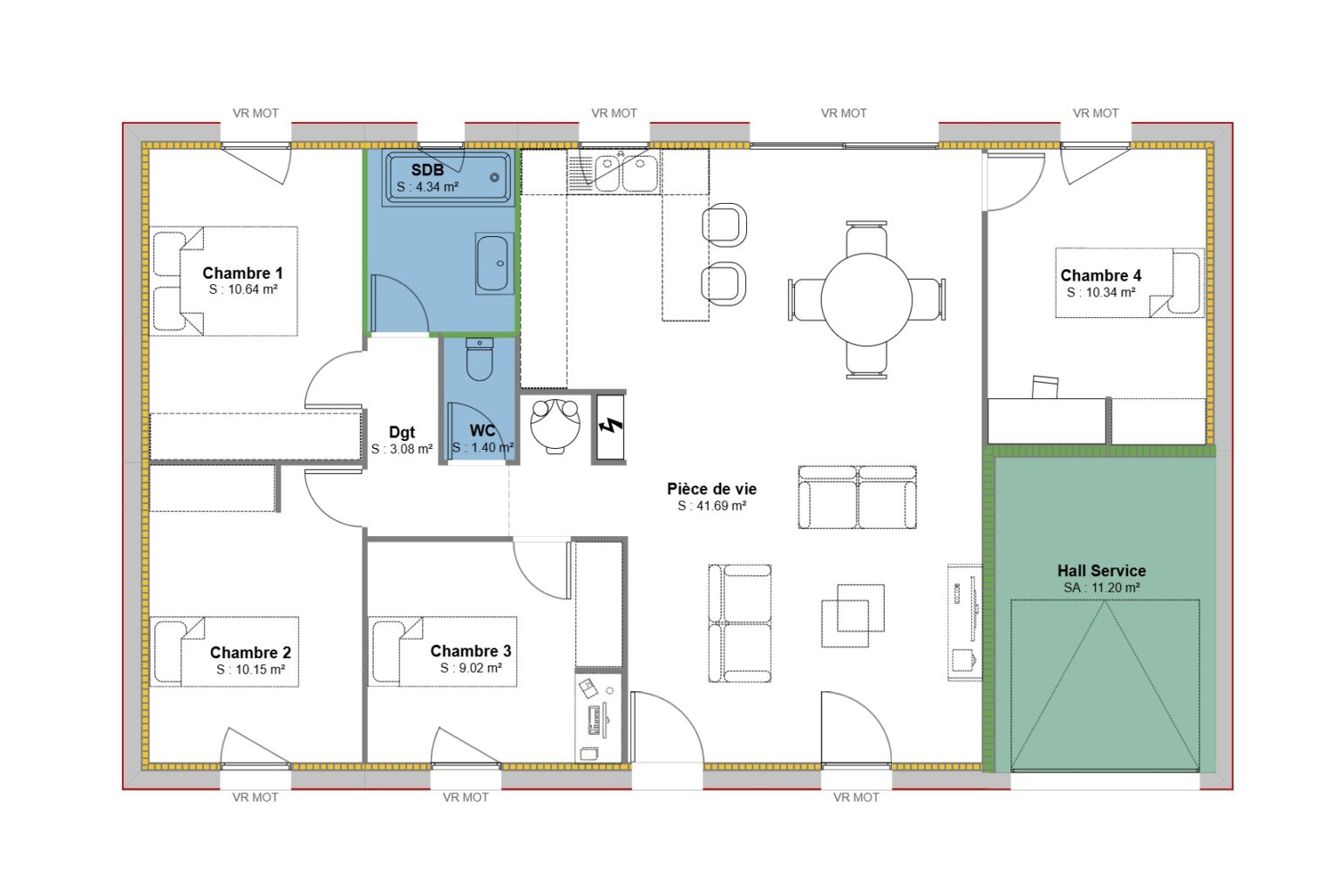 plan maison POP 90 m2 - 4 chambres + Hall service