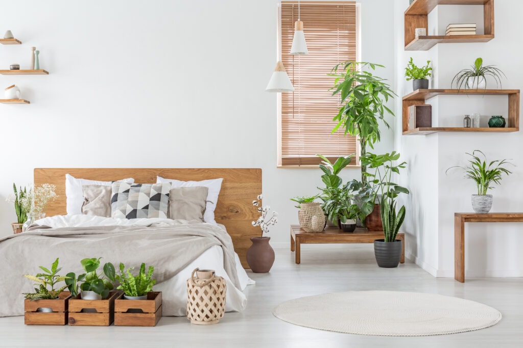 Chambre à coucher avec meuble en bois et ambiance très végétalisée